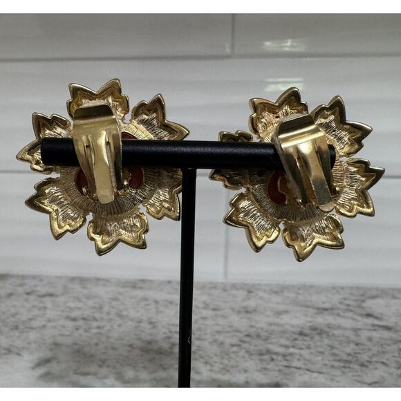 Vtg Craft Signed Cabochon Coral & Rhinestone Flower Statement Clip On Earrings - Picture 5 of 8
